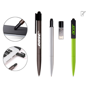 A2184, Bolígrafo metálico de sistema giratorio con USB integrado en clip plástico de 8 GB con punta touch. Destape para grabado láser en color plata. Presentación: caja de regalo.
