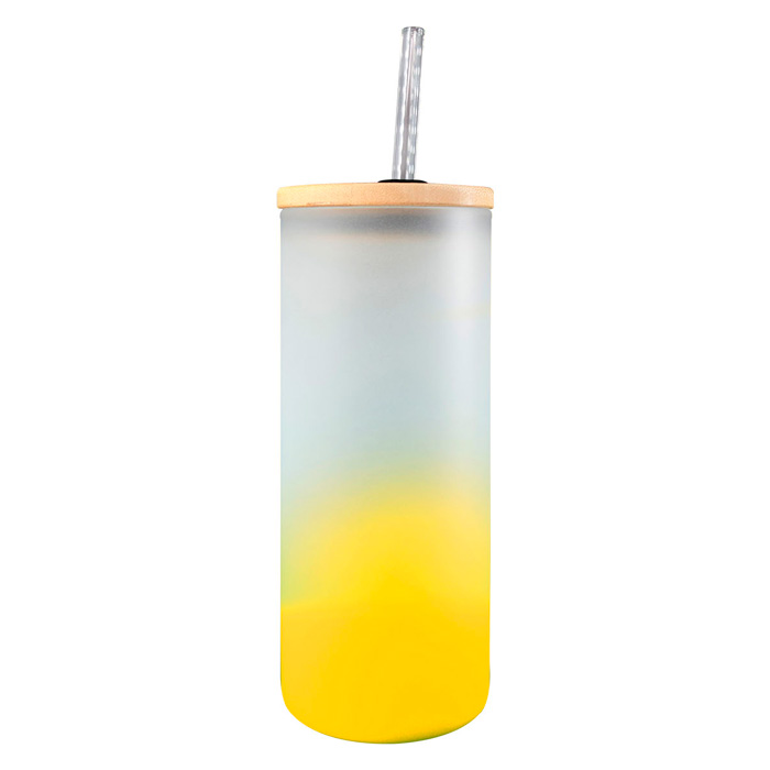 BOTELLA CRISTAL FLORIDA 650 ML, Botella de Vidrio Borosilicato con base de colores, tapa de madera y popote de vidrio transparente ideal para sublimación.