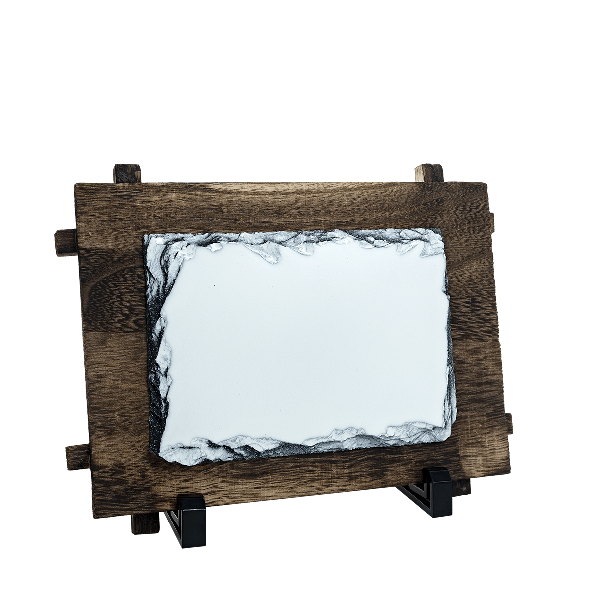 PIEDRA WOODEN FRAME 12*17cm, Piedra corrugada con base, marco rústico de madera para sublimar imágenes.