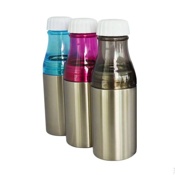 BOTELLA-ACERO-PLATA-CUELLO-PLASTICO, Botella de acero Plata cuello de plástico color (negro, azul, rosa)