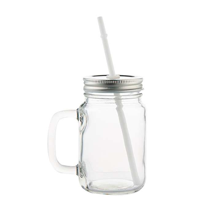 MASON-JAR, Mason Jar glaseado/transparente 500ml. Con popote y tapa plata